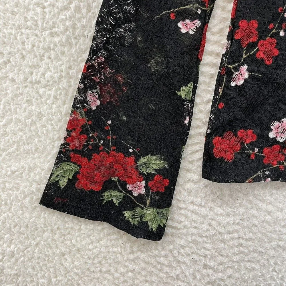 90s Y2K Vintage Fashion Bug Black Rose Floral Sheer Lace Top M L Medium Large - Picture 4 of 9